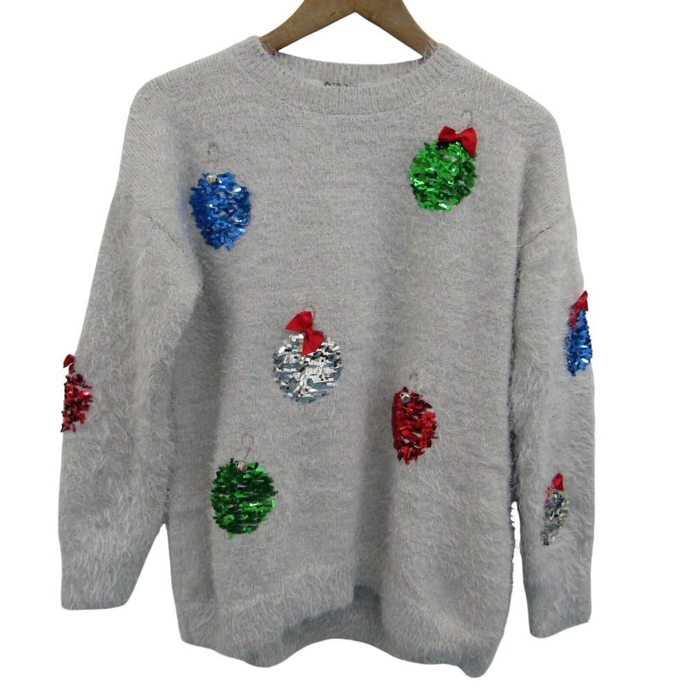Gray Fuzzy Sequin Ornament Sweater Womens L Festive Holiday Cozy Winter Pullover